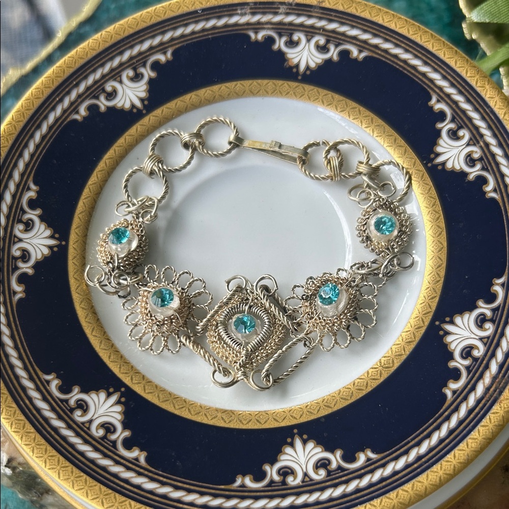 Vintage Silver Crocheted Lace Filigree  Wire-work Bracelet w Aqua Crystals